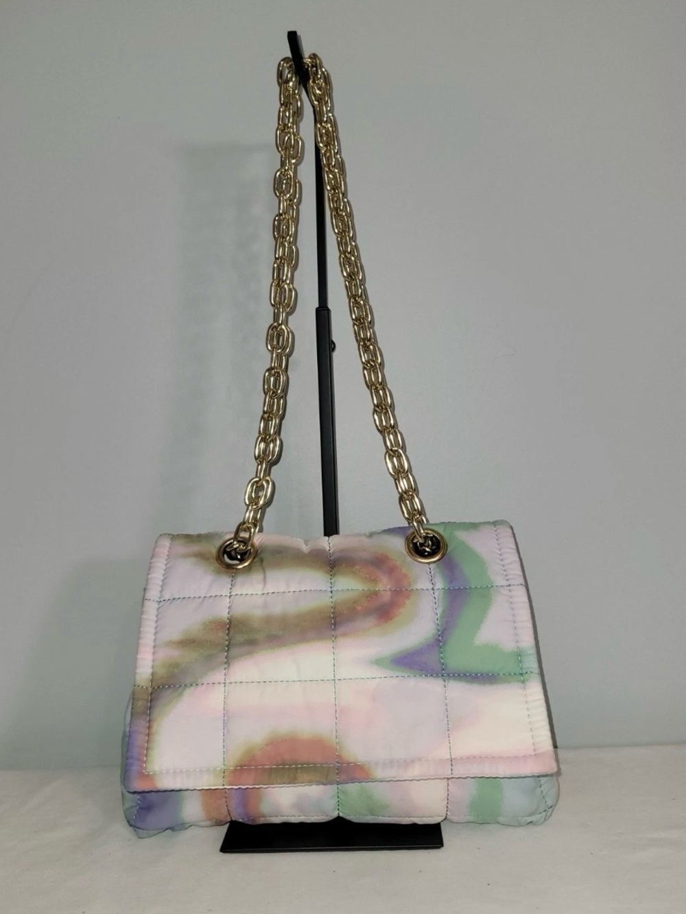 Future Collective Quilted Puffer Shoulder Bag Pastel Marbled Print Gold Chain